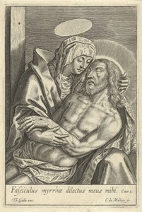 Piëta by Karel van Mallery, created 1581 - 1612, in paper; engraving. Download this artwork as a high-resolution wallpaper for desktop, tablet, or mobile. — Art Wallpaper