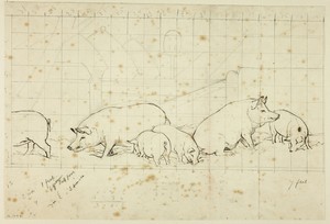 Pigs by Henry Stacy Marks, created n.d., in Pen and brown ink, over graphite, squared in graphite, on ivory wove paper (pieced together). Download this artwork — Illustration Wallpaper