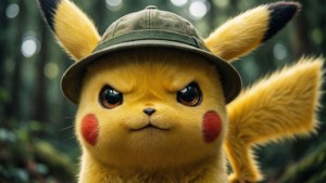 Pikachu com chapéu, olhar determinado na floresta.