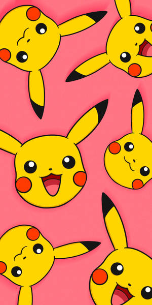 Lyserød tapet med gentagne Pikachu-ansigter i forskellige glade udtryk. — Pikachu 4K Wallpapers