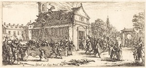 Pillaging a Monastery by Jacques Callot, created c. 1633, in etching on laid paper. Download this artwork as a high-resolution wallpaper for desktop, tablet, or