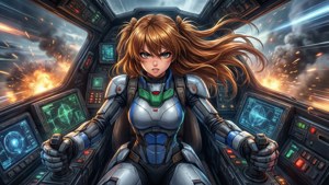 Pilote d'anime féminine dans un cockpit futuriste lors d'une bataille spatiale avec explosions