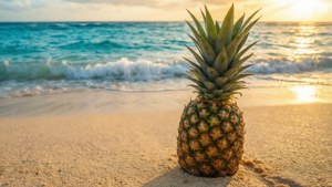 Et tropisk bakgrunnsbilde av en ananas på stranden med utsikt over solnedgangshavet.