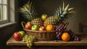 Still life of fruit basket on wooden table near window — Pineapple Background