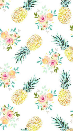 Tropical pineapple and flower watercolor pattern wallpaper