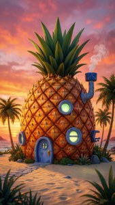 Een rustig uitzicht op het ananashuis van SpongeBob tijdens een prachtige zonsondergang.