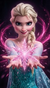 Elsa che lancia magia di ghiaccio rosa con cristalli luminosi