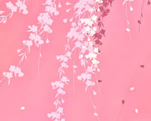 Pink background with white cherry blossom branches and falling petals.