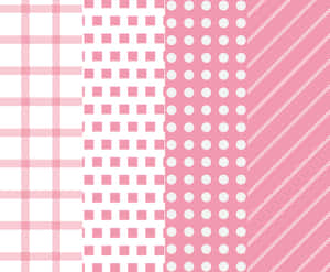 Pink og hvid geometrisk tapet med tern, firkanter, prikker og diagonale striber.