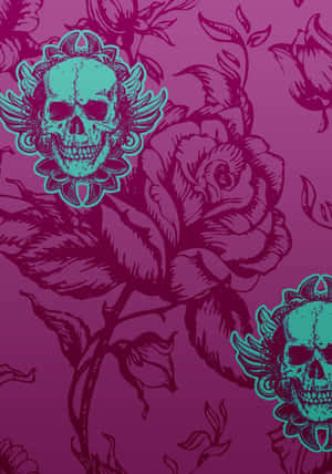 Teal skulls with wings and roses on magenta background in repeating pattern.