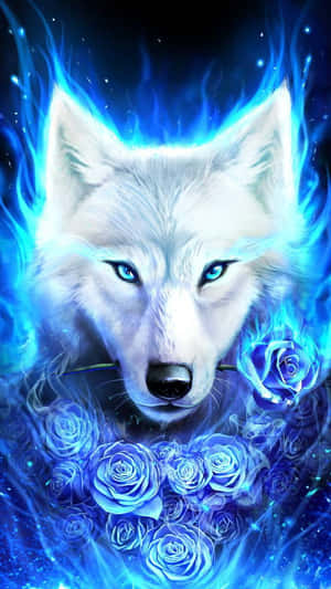 White wolf with blue eyes surrounded by blue flames and roses in a starry night.