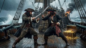 Pirate sword fight on a stormy ship deck