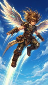 Pit fliegt mit leuchtenden Flügeln in einer dynamischen Actionpose nach oben.