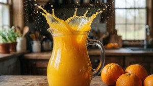 En rustik scen med apelsinjuice som stänker från en kanna.