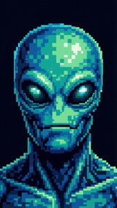 A close-up pixel art Space Invader alien with glowing eyes.