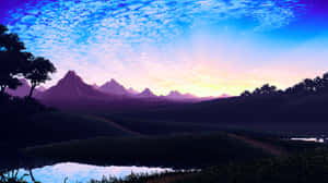 Montañas púrpuras al atardecer reflejadas en un lago tranquilo con árboles silueteados. — Imágenes de Destacados Imágenes