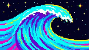 Retro pixel art bølge med cyan, magenta, gul palett og stjernehimmel