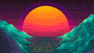 Montanhas azul-petróleo emolduram um pôr do sol laranja brilhante sobre a água sob um céu roxo estrelado. — Jogo Pixel Papéis de Parede