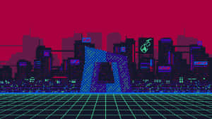 Pixelkunst-Stadtbild mit Neonlichtern und Gittermuster unter rotem Himmel — Ingenious Wallpaper