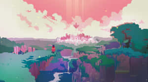 Explorador de pixel art contemplando ciudad flotante al atardecer — Arte de píxeles estético Fondos de pantalla