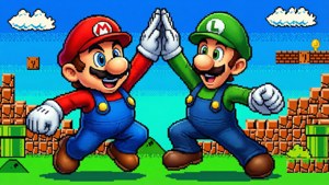 SMG4 Mario and Luigi celebrate with a high-five in a colorful pixel world. — Smg4 Background