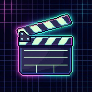 Retro pixel art clapperboard voor gaming achtergrond.