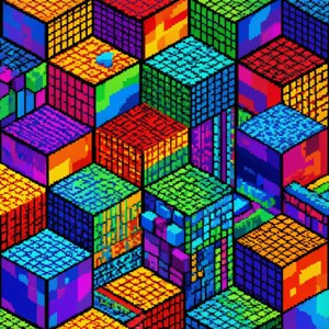 Un motif abstrait de pixel art avec des cubes géométriques colorés.