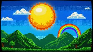Et retro pixel-kunst tapet med bakker, sol og regnbue fra 00'ernes spil.