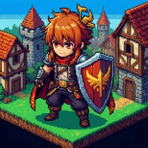 Pixel art isométrique Naofumi avec bouclier dans une ville médiévale, style rétro de jeu.