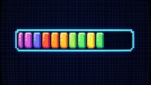 Pixelated rainbow battery bar glowing on a dark grid background. — Loading Wallpaper