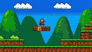 Ein Pixel-Art-Plattformer-Level mit Hügeln und einem springenden Helden für Retro-Gaming-Wallpapers.