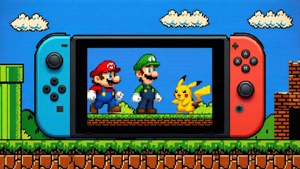 Retro pixel art wallpaper of Nintendo Switch with classic characters