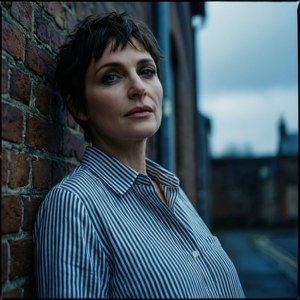 Audrey Tautou in una camicia a righe con capelli corti contro un muro di mattoni