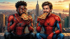 Miles and Peter B. Parker share a pizza break on a rooftop in Spider-Verse style.