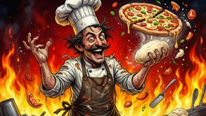 En vill kokk jonglerer pizzadeig i et brennende kjøkken.
