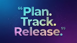 Glødende motivasjonstekst Plan Track Release på gradient blå lilla bakgrunn med gnistrende partikler