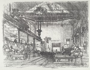 Planing Big Shells by Joseph Pennell, created 1916, in lithograph. Download this artwork as a high-resolution wallpaper for desktop, tablet, or mobile. — Joseph Pennell Wallpaper
