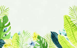 Folhagem tropical em aquarela com folhas verdes e flores amarelas emoldurando os cantos inferiores. — Fundo de plantas Papéis de Parede