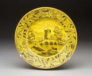 Plate by Montereau Pottery, created 1840/60, in Earthenware with yellow-glazed transfer-printed decoration. Download this artwork as a high-resolution wallpaper — Art Picture