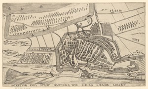 Plattegrond van Danzig by Aegidius Dickmann, created 1625, in paper; etching. Download this artwork as a high-resolution wallpaper for desktop, tablet, or mobil — Aegidius Dickmann Wallpaper