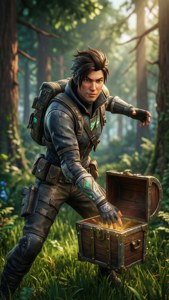 Fortnite-personage reikt naar een kist in een zonnig bos.