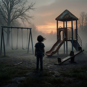 Siluet anak di taman bermain Silent Hill dengan ayunan bergerak