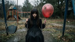 Een kind-yurei staat op een verlaten speelplaats met een rode ballon.