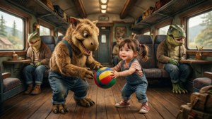 Buddy og Tiny leger inde i Dinosaur Train-vognen.