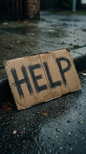 Vejrbidt papskilt med 'HELP' på våd fortov