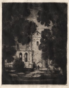 Pluscarden by David Young Cameron, created 1906, in etching and drypoint. Download this artwork as a high-resolution wallpaper for desktop, tablet, or mobile. — David Young Cameron Wallpaper