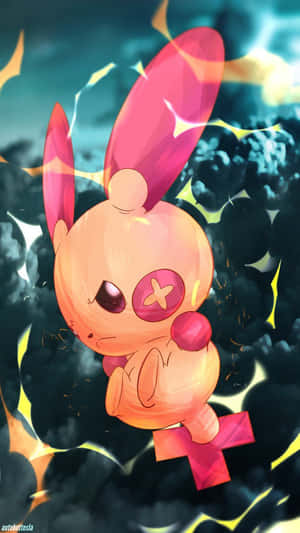 Un conejo rosa de anime con un emblema de cruz roja rodeado de nubes oscuras y chispas brillantes. — Lindo Pokemon iPhone Imagen Fondos de pantalla