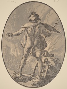 Pluto by Hendrick Goltzius, created 1588/1590, in chiaroscuro woodcut printed from three blocks: dark gray line block with middle and light gray tone blocks on — Art Picture
