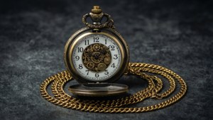 Een vintage zakhorloge met een slagschaduw op donkere textuur