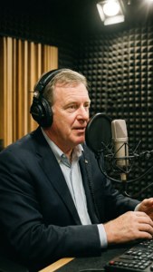 Bob Corker nimmt Podcast im Radiostudio auf.